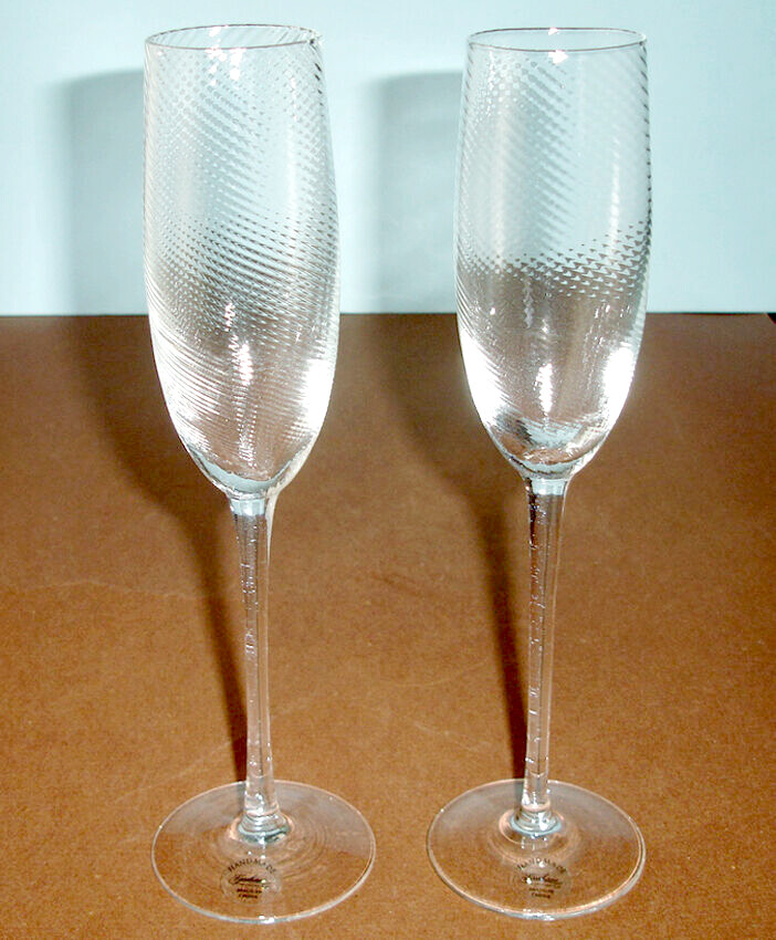 New Gorham Verona Handmade Champagne Flutes 2 PC Crystal Swirl Optic 10″H No Box