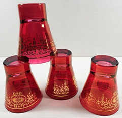 4 Timon Collezione Red Gold Scrolls Old Fashioned Set Tapered Tumblers Italy Lot