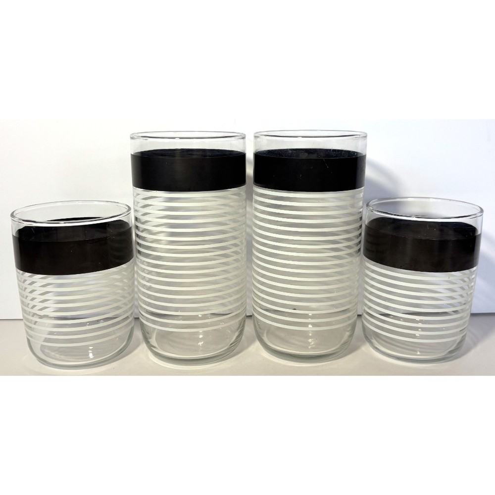 4 Vintage MCM Libbey Black Band White Stripe Juice Glasses Mid Century Tumblers
