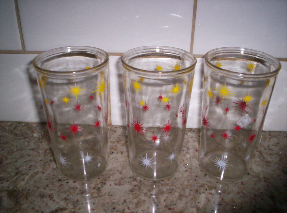3 VTG MCM Atomic Anchor Hocking Starburst Yellow Red White Glass Tumbler 7.5”