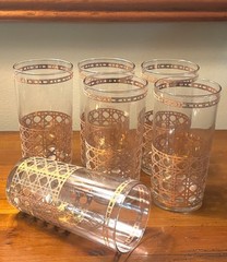 Vintage MCM Culver «CANNELLA» 22k Gold Plated Cane Highball Glasses (Set of 6)