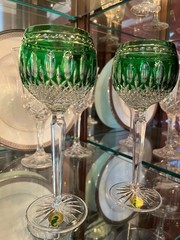 Pair of Waterford Crystal Clarendon Emerald Green Cut-to-Clear Hock Wine Glasses