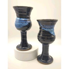 Vintage Studio Art Pottery Drip Glaze Blue Glazed Chalice Goblet 6-3/4″ Tall