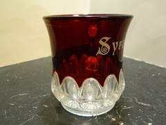 Antique EAPG Red Flash Syracuse Thumbprint Handled Glass 2.88″x3.5″x2.63″ Excel