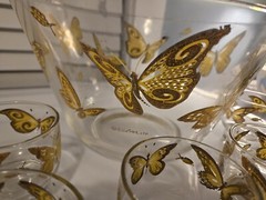 Culver Mid-century Modern Punch Bowl 22k Gold Butterflies With 11 Glasses RARE