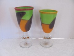 Robinson Scott 2005-Studio Art Glass-Orange Purple Green-Signed-Set of 2 Goblets
