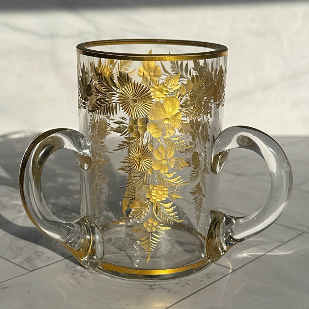 Antique Bohemian 3 Handle Gold Gilt Glass Loving Cup Hand Blown c1900 Rare