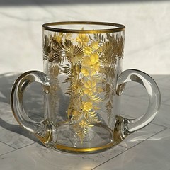 Antique Bohemian 3 Handle Gold Gilt Glass Loving Cup Hand Blown c1900 Rare