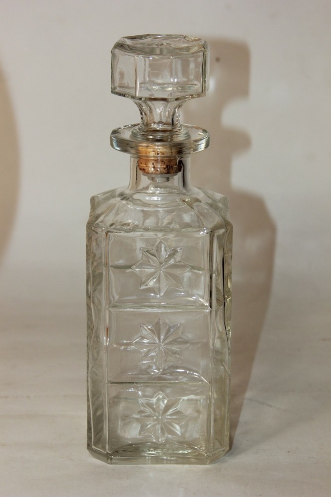 Vtg Cut Glass Liquor Whiskey Bottle Decanter w/Stopper Glass Bourbon Decanter