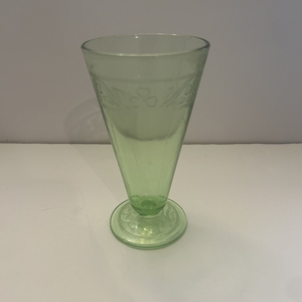 Vintage Green Uranium Glass Footed Tumbler 6in Clover Pattern
