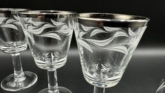 Vintage Set Of 7 Cristal D Arques Etched Laurel Leaf Silver Rim Cordial Glasses