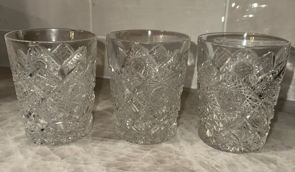 Antique ABP Cut Glass Tumblers 3 Hobstar Diamond Prima Donna Pattern chipped