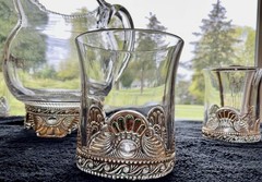 Rare-EAPG pitcher and tumblers cut by U.S. Glass in clear Jewel; Lacy Medallion