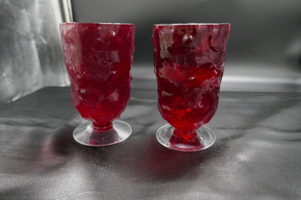 Morgantown Glass 2 Crinkle Ftd Tumblers Ruby 5 1/4 » T 12 oz. capacity ca 1960’s