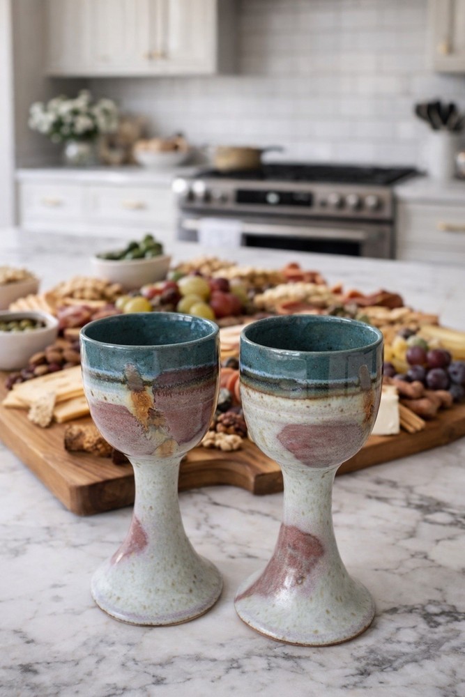Earthy Studio Pottery Goblets Set 2 Artisan Ceramic Chalices Wedding Wine Cups