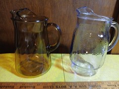 2 Libby Glass Water Pitchers Chateau Blue Sapphire Textured & Amber Optic Swirl