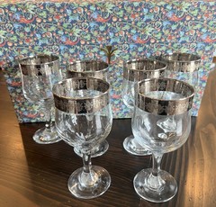 Cristalleria Fratelli Fumo Made In Italy Wine Glasses Set of 6 Silver Rim W/ Box