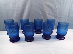 Set of 8 Imperial Glass Linear Blue Footed Tumblers Ribbed Design 5″ Tall