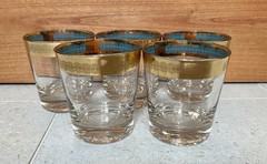 Vintage Culver Whiskey Low Ball Clear Glasses Gold Teal Band Edge Set of 5, 6oz