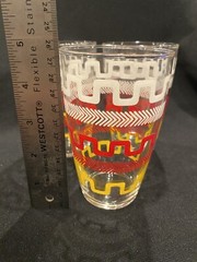 Set of 3 Vintage Libby Glasses 4 1/3” Retro Yellow Red White Greek Key Stripe