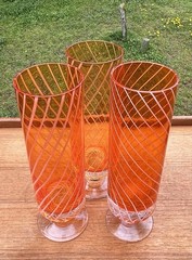 3 Mid Century Modern Stemmed Orange White Swirl Handblown Highball Glasses Set