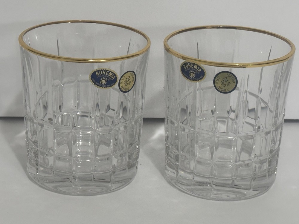 Set of 2 Bohemian Crystal Double Old Fashioned Whiskey Glasses Gold Rim