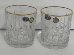 Set of 2 Bohemian Crystal Double Old Fashioned Whiskey Glasses Gold Rim