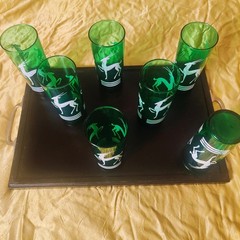 Hazel Atlas Green Gazelle Collins Glasses Set of 7 Vintage MCM Highball Barware