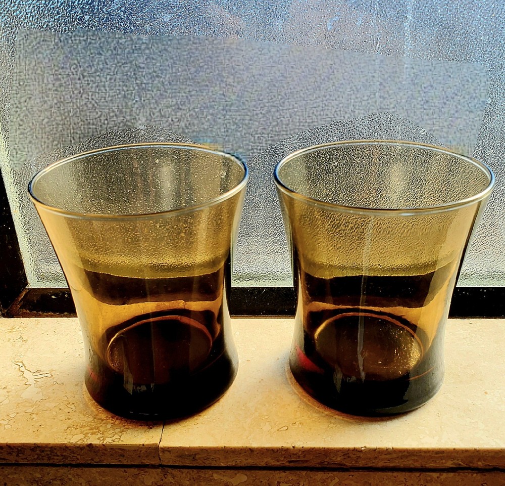 2 Libbey Linden MCM Mocha Smoked Flared 12 oz Tapered Low Ball Bar Glass