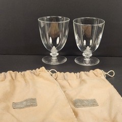 2 VTG Steuben Crystal Water Wine Goblet Glass Wafer Disc Stem 4.75″ Signed Set