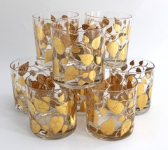 Set of 8 Georges Briard Double Old Fashioned Glasses, MCM, 22k Gold Leaf Design