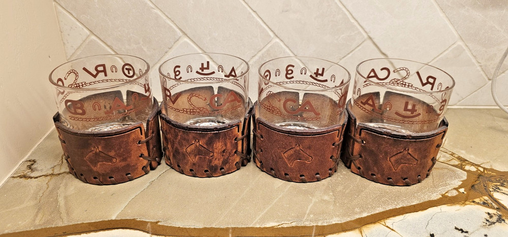 VTG RARE Libbey BAMCO MCM Western Old Fashioned Glasses w/Leather Holder