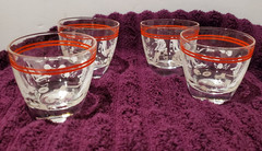 MCM Hazel Atlas Double Shot Glasses Sports Golf w/Wooden Caddy — Set of 4