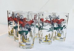 Vintage Hazel Atlas Pheasant Hunting Bar Glasses Set of 6 MCM Barware