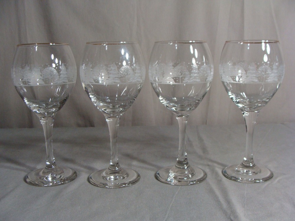 4 Lynn’s China Clear Glass 12 Oz Goblets In The Pines Pattern, Arbys