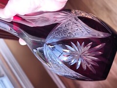 Vintage Czech? Ruby Cut To Clear Glass 11″ Decanter & 4 Glasses 5.25″