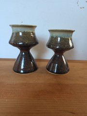 Set Of 2 Vtg Studio Pottery Goblets W/ Hourglass Shape w/ layered natural glazes