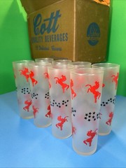 SET OF 8 Libbey Frosted Tom Collins Glass Cavalcade Of Horses 7” NMIB Cott Soda