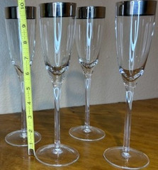 Set of 4 Vintage Champagne Flutes Platinum/Silver Rim, Clear Glass, 5–6 oz