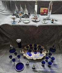 Pair Vintage Cobalt Blue Glass Cocktail Coupes Art Deco Geometric Silver Rim