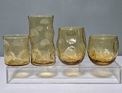 4 Amber Pinch Dimple Thumbprint Seeded Textured Blenko Style Glass Tumblers