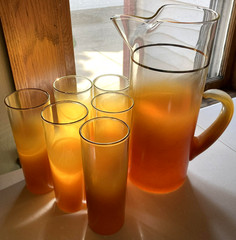 Vintage MCM Ombre Highball Glasses w/Pitcher 7 Pc Set Orange Amber Gold Rim