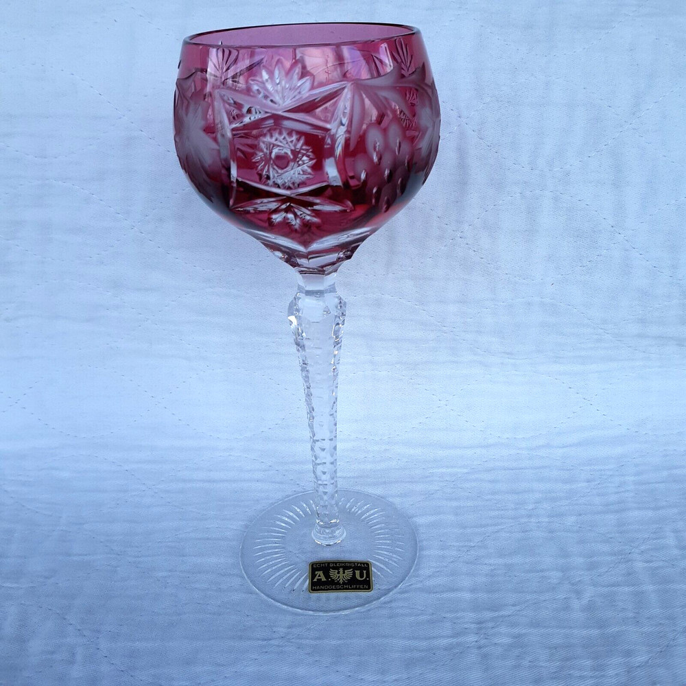 ECHT BLEIKRISTALL Wine Glass 8 1/4″ Cranberry Cut to Clear Crystal Bohemian