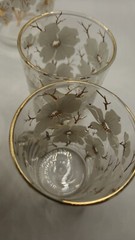 VTG 1 Pitcher 6 Glasses White Cherry Blossom Gold Trim Tree Branches Hand Blown