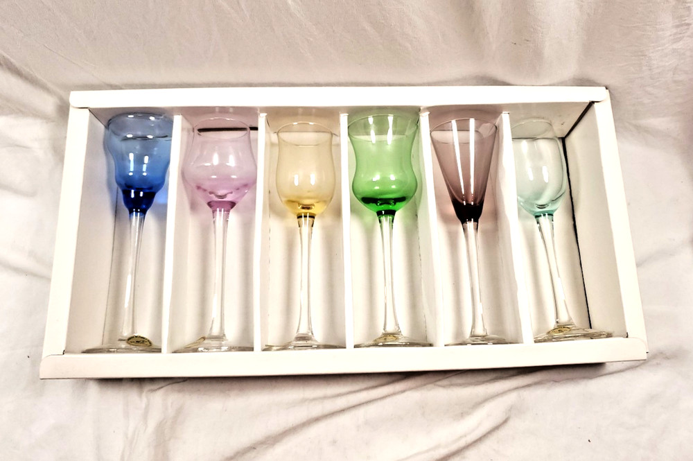 New BLOCK Crystal Mouth Blown Kaleidoscope Cordials Set of 6 Hand Cut & Polished