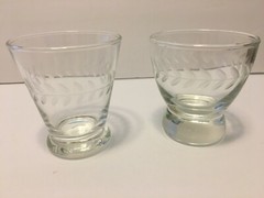 2 Vintage Frosted Glass 4 Ounce Shot Glasses Running Vine and Petal Pattern