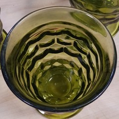 3 Vintage Indiana Glass Avocado Green Whitehall Cubist Footed 8oz 4 Tumblers