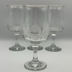 Libbey Arbys Winter White Frosted Pine Trees Wine Goblets w/ Gold Trim Set of 4