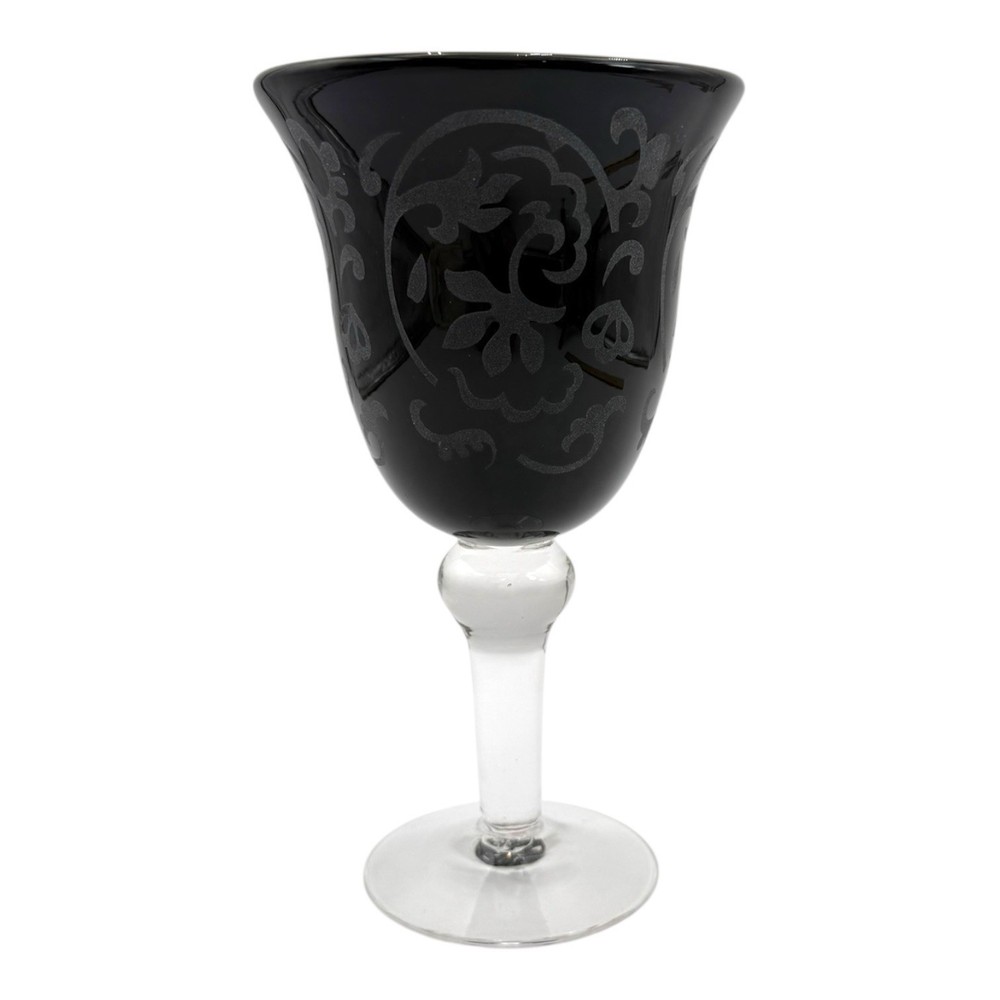 Black Floral Etched Glass Water Wine Goblet 7.75″ Tall Opaque Halloween Chalice