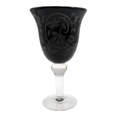 Black Floral Etched Glass Water Wine Goblet 7.75″ Tall Opaque Halloween Chalice